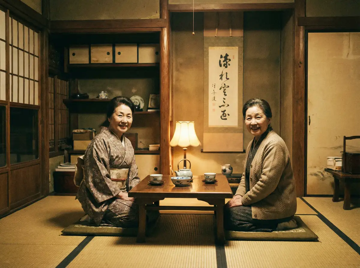 两位优雅的 蜜桃导航 在日式茶室中品茶交谈